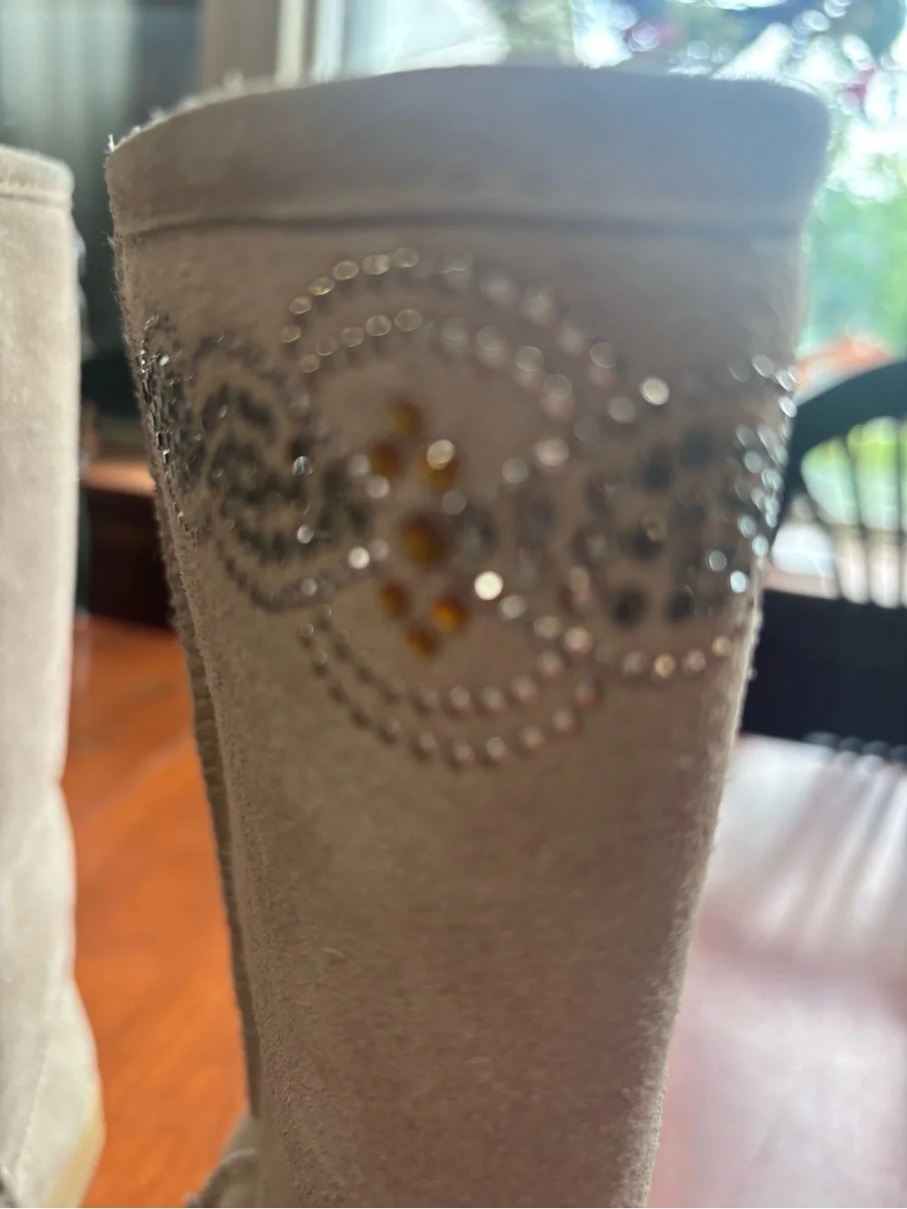 Women's Beige Suede Winter Boots with Crystal Trim